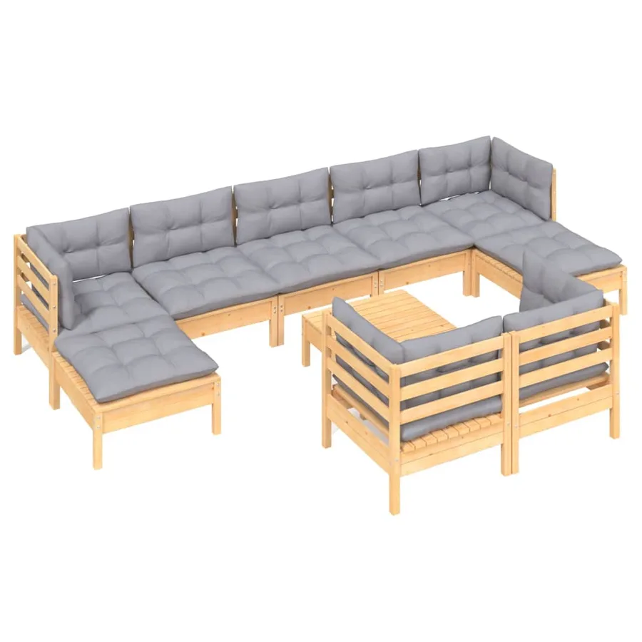 Salon de jardin 10 pcs avec coussins gris bois de pin massif - 3
