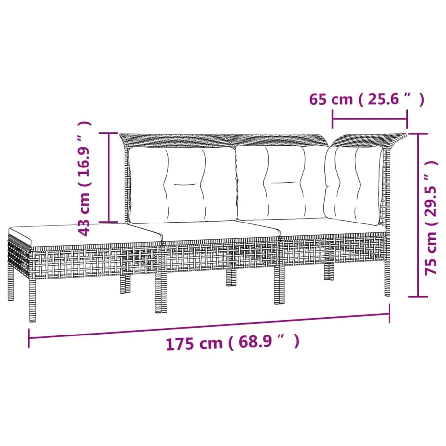 Salon de jardin 3 pcs avec coussins Gris Résine tressée - 8