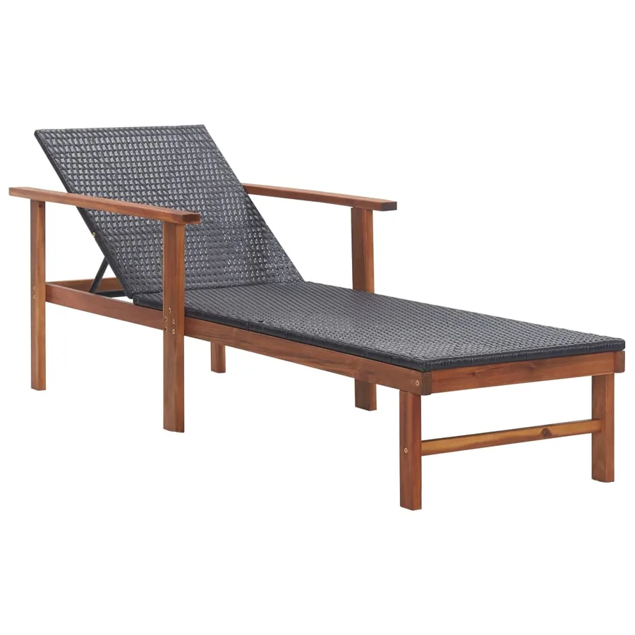 Chaise longue et coussin Résine tressée et bois d'acacia Noir - 2