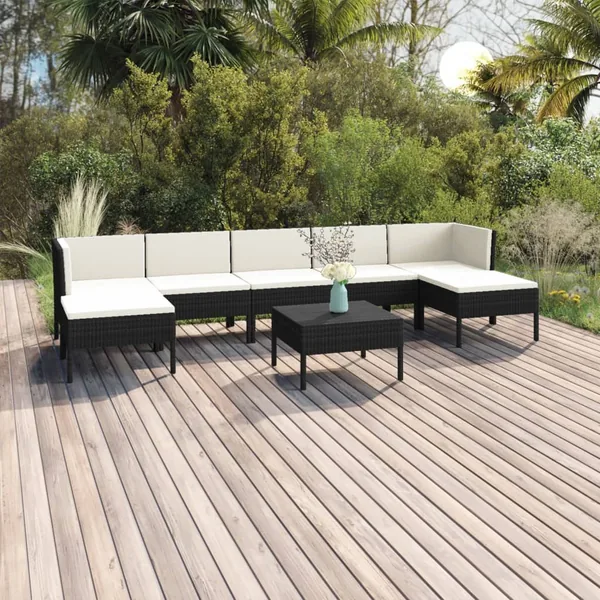 Salon de jardin 8 pcs avec coussins résine tressée noir