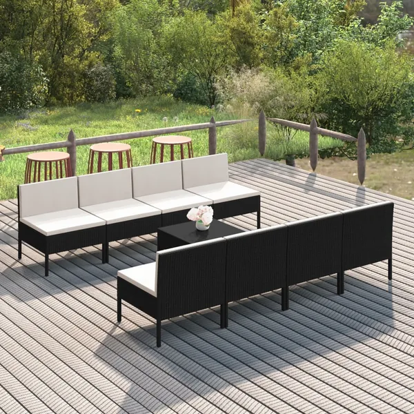 Salon de jardin 9 pcs avec coussins Résine tressée Noir