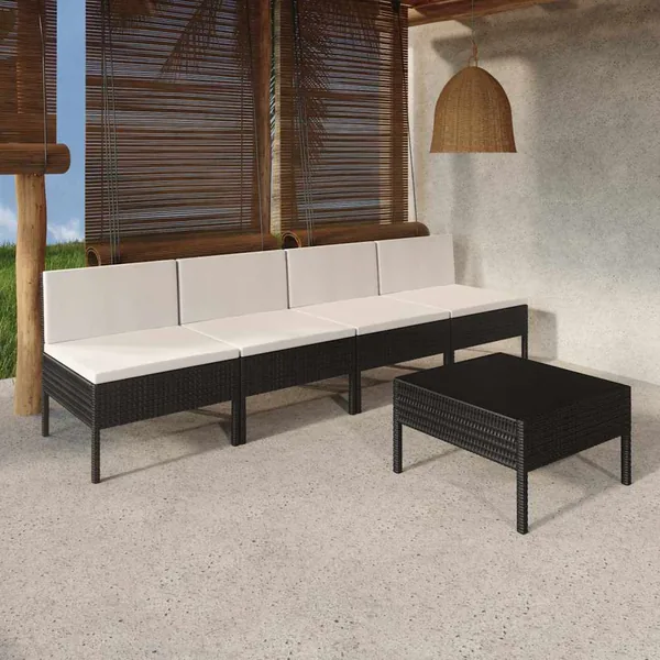 Salon de jardin 5 pcs avec coussins résine tressée noir