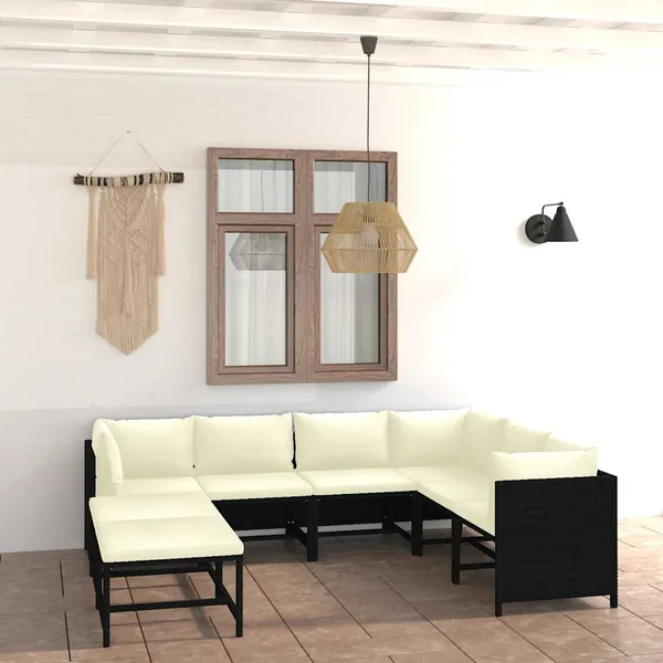 Salon de jardin 8 pcs avec coussins Résine tressée Noir