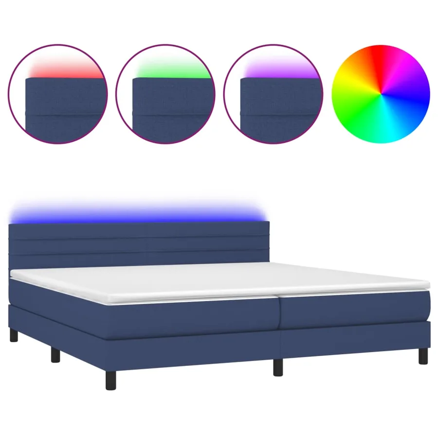 Sommier à lattes de lit et matelas et LED Bleu 200x200 cm Tissu - 2