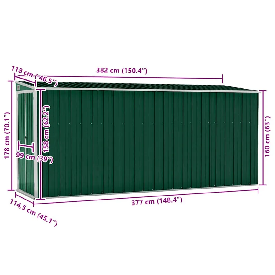 Abri de jardin mural Vert 118x382x178 cm Acier galvanisé - 7