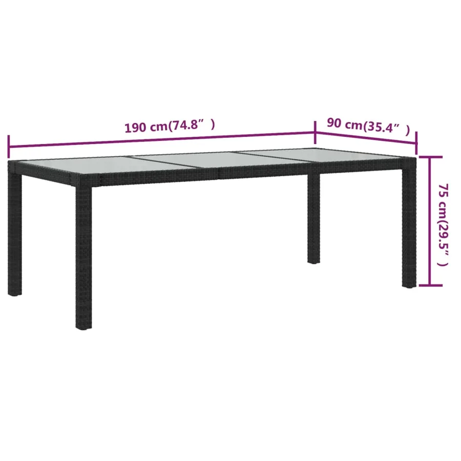 Table de jardin Noir 190x90x75 cm Verre trempé/résine tressée - 5