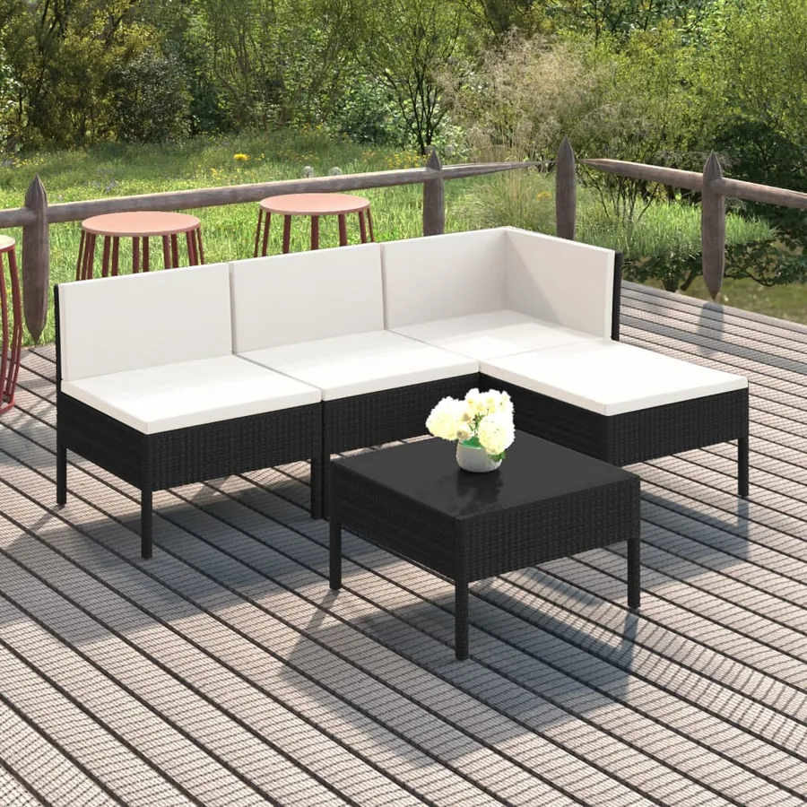 Salon de jardin 5 pcs avec coussins résine tressée noir
