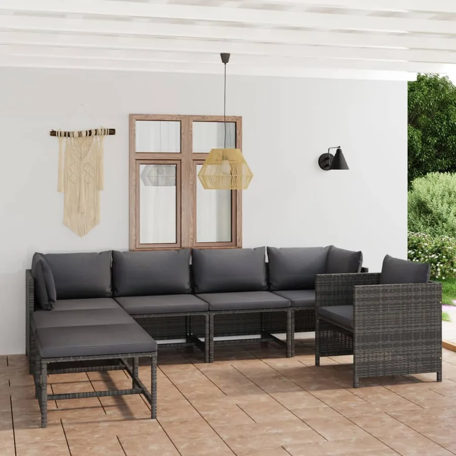 Salon de jardin 7 pcs avec coussins Résine tressée Gris