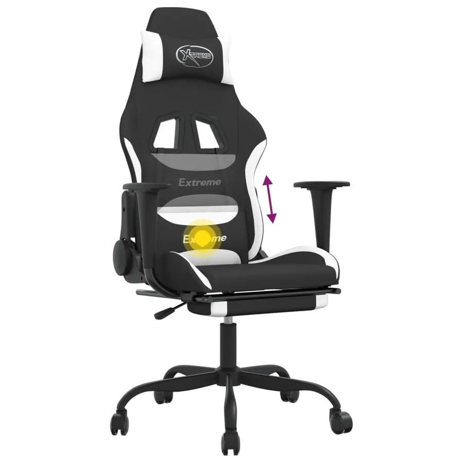 Chaise de jeu de massage avec repose-pied Noir et blanc Tissu - 12