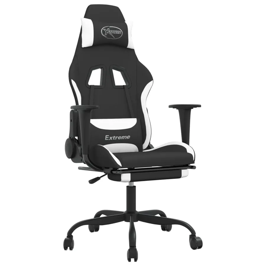 Chaise de jeu de massage avec repose-pied Noir et blanc Tissu - 2