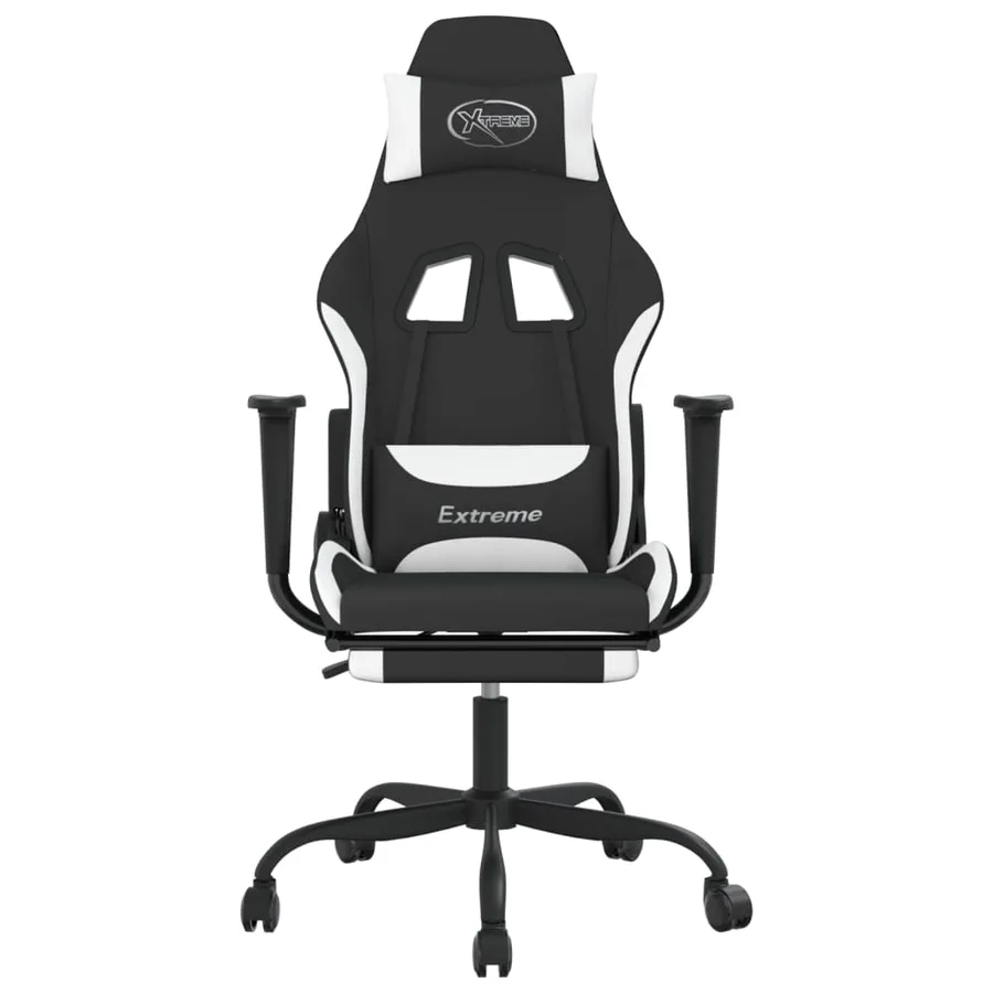 Chaise de jeu de massage avec repose-pied Noir et blanc Tissu - 3