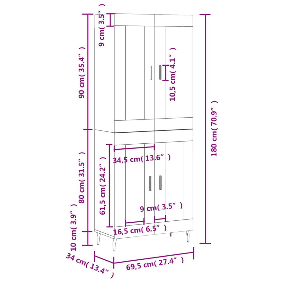 Buffet haut Gris béton 69,5x34x180 cm Bois d'ingénierie - 13