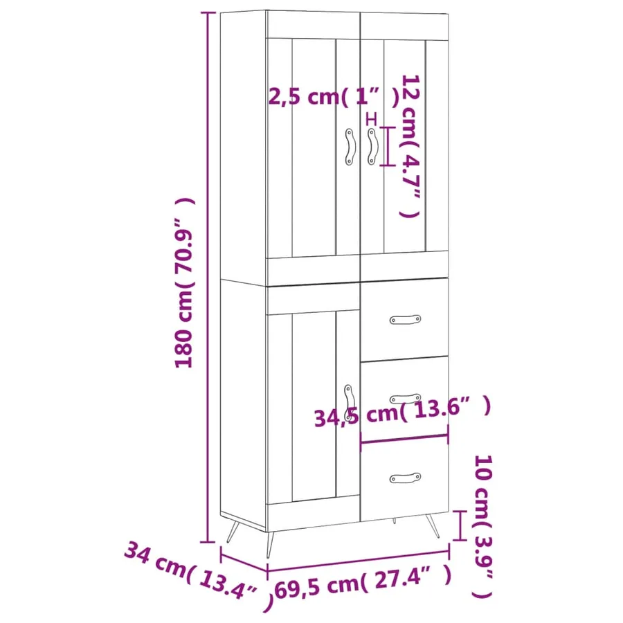 Buffet haut Sonoma gris 69,5x34x180 cm Bois d'ingénierie - 14