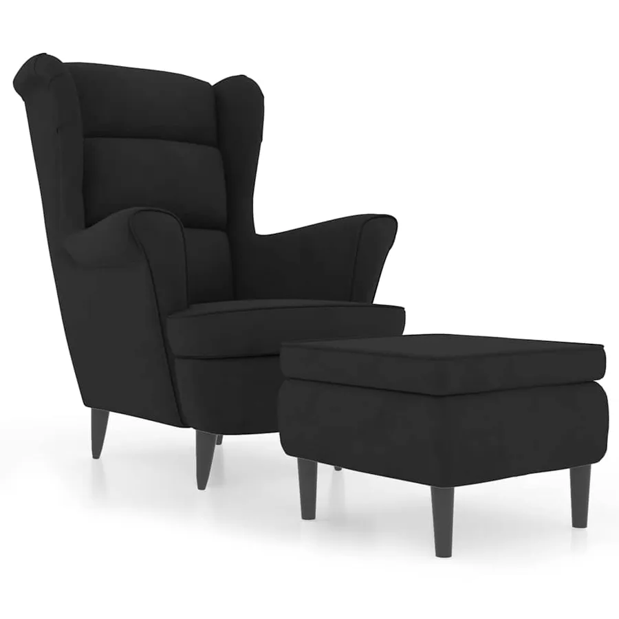 Fauteuil à oreilles avec tabouret noir velours - 2