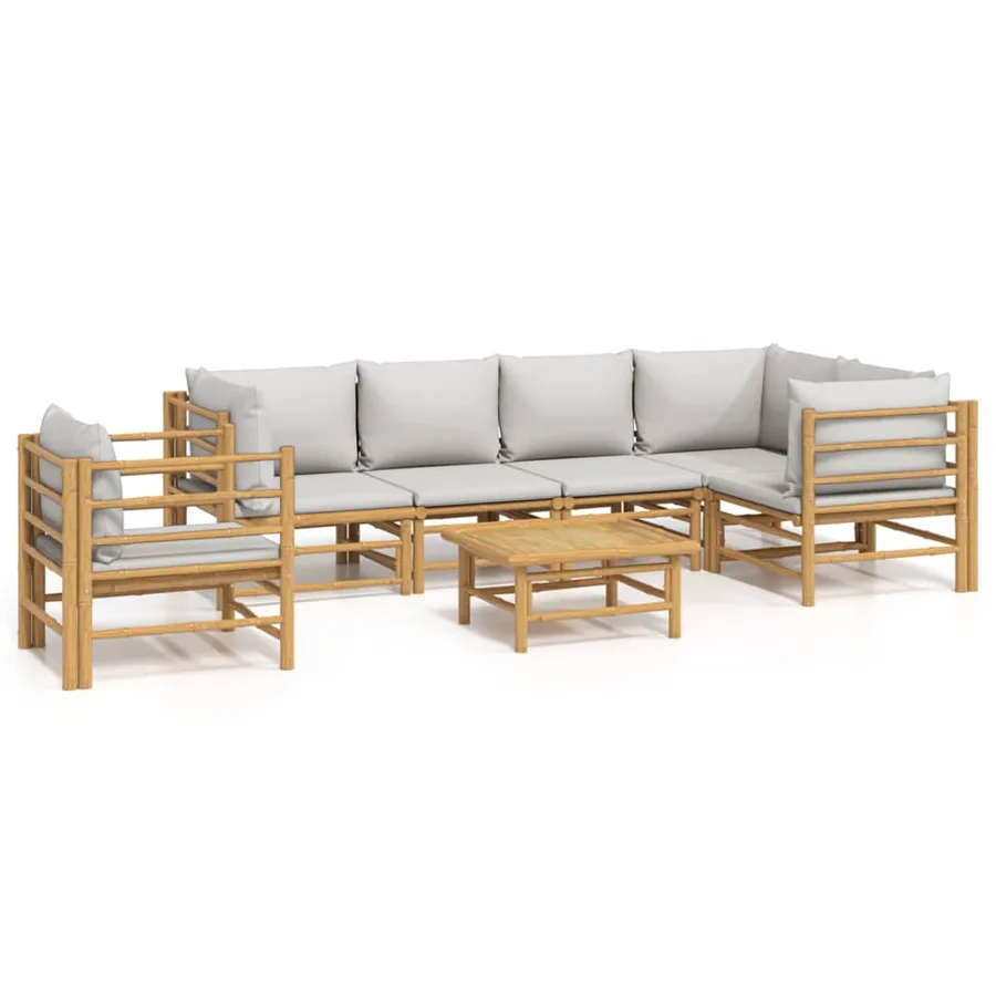 Salon de jardin 7 pcs avec coussins gris clair bambou - 2