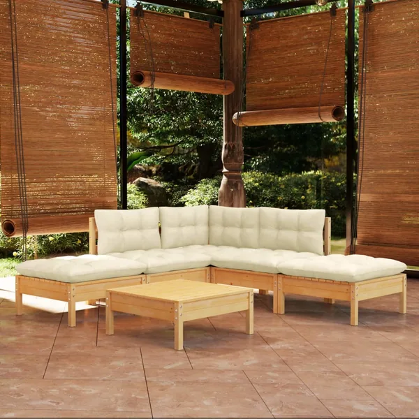 Salon de jardin 6 pcs avec coussins crème bois de pin