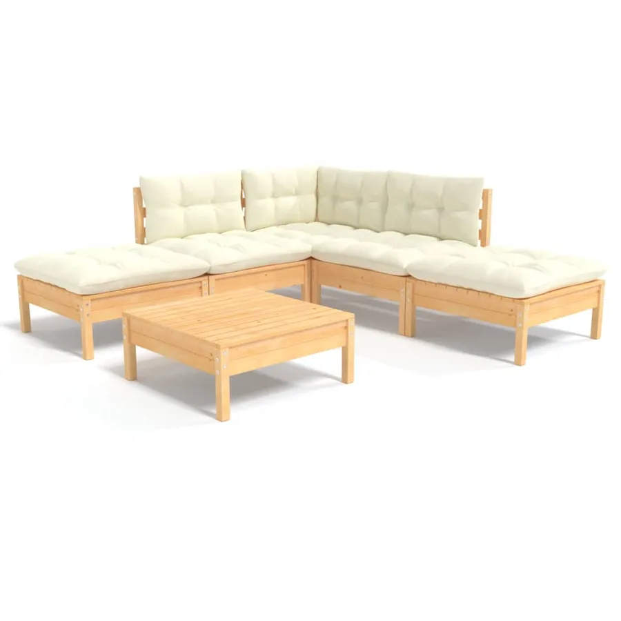 Salon de jardin 6 pcs avec coussins crème bois de pin - 2