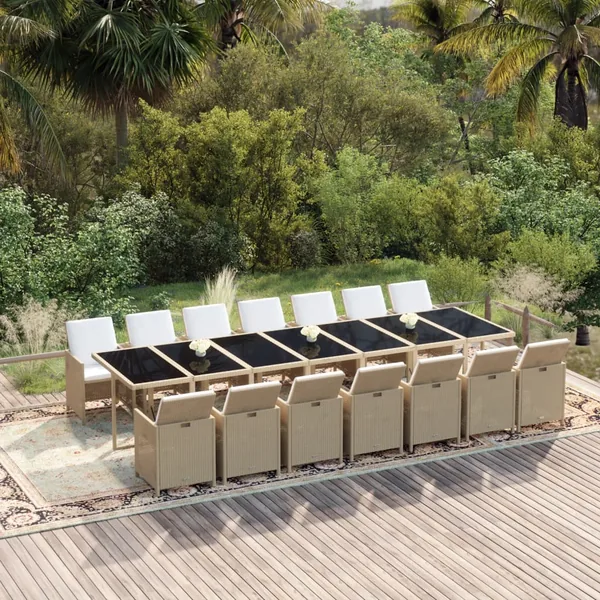 Ensemble à manger de jardin coussins 15pcs Résine tressée Beige