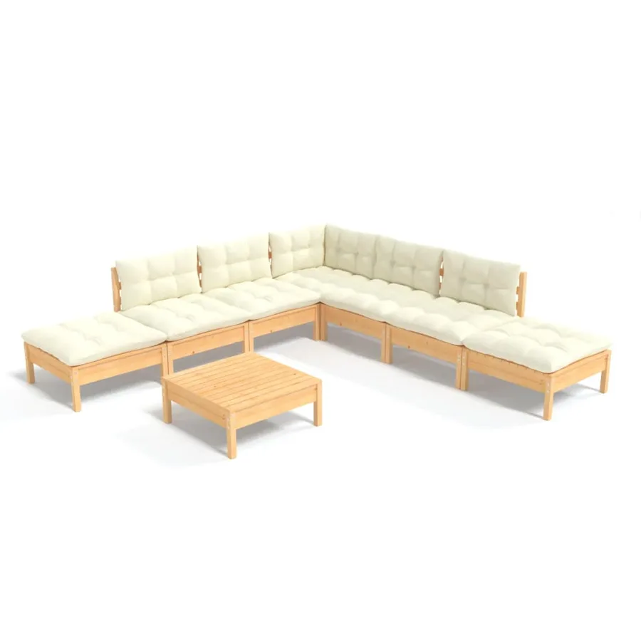 Salon de jardin 8 pcs avec coussins crème Bois de pin - 2