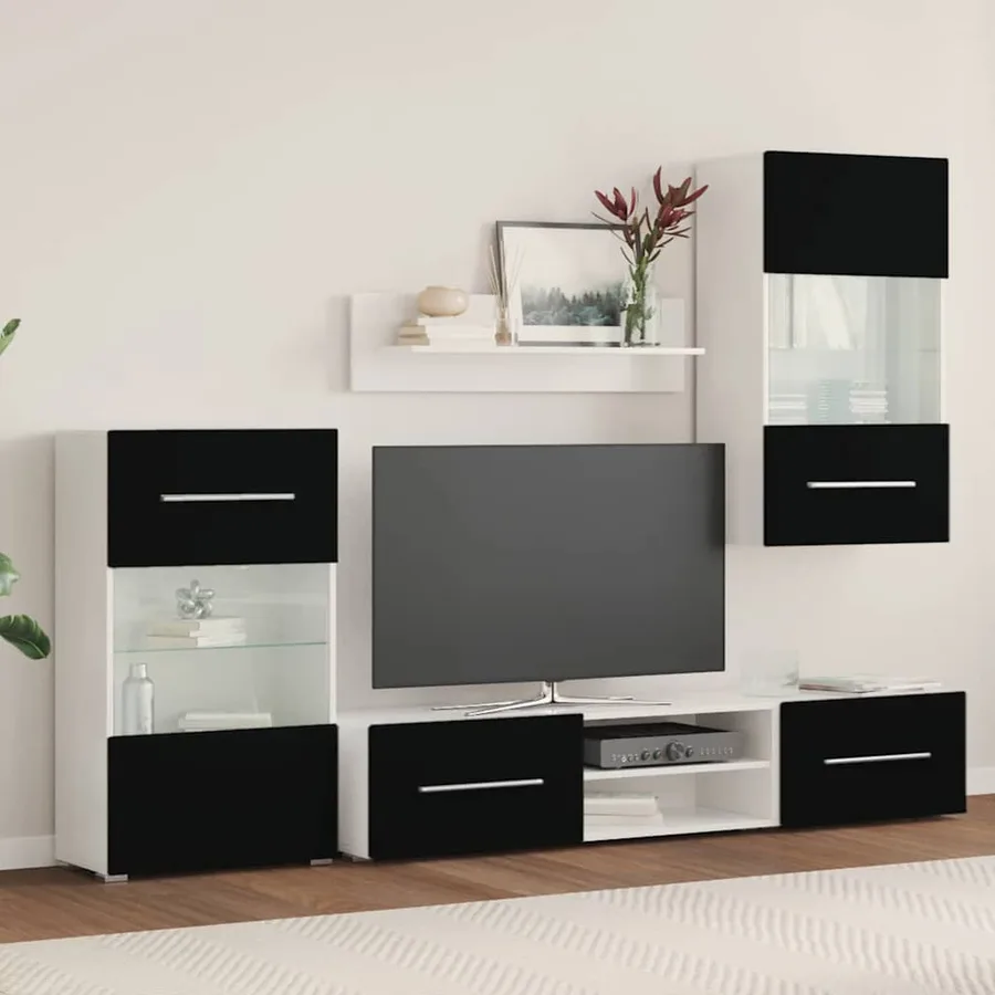 Meuble TV mural 5 pièces avec éclairage LED Noir - 3