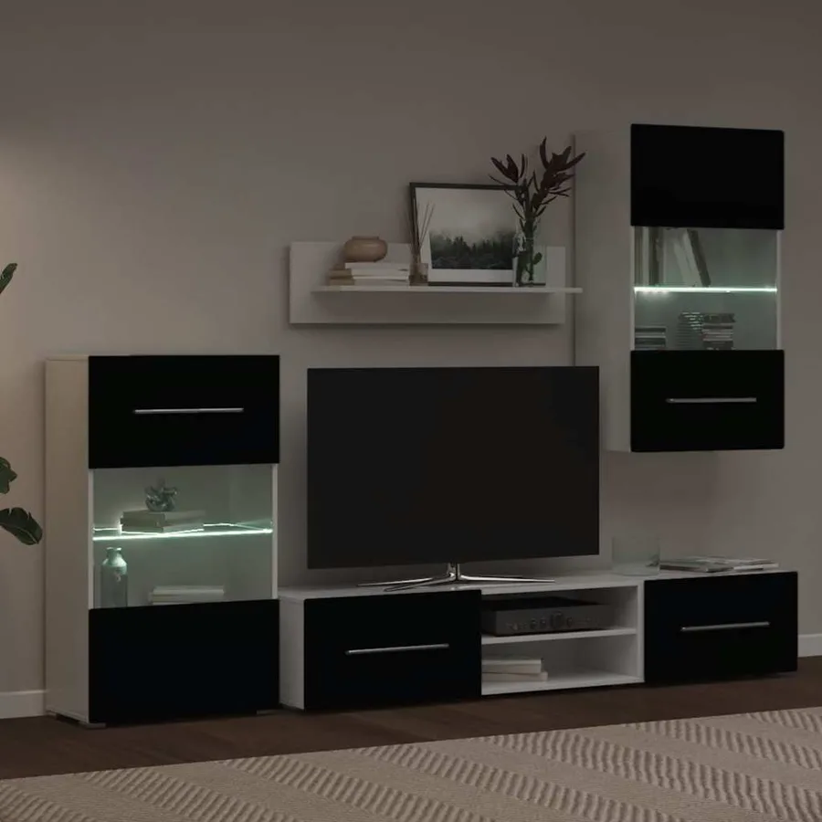 Meuble TV mural 5 pièces avec éclairage LED Noir - 4