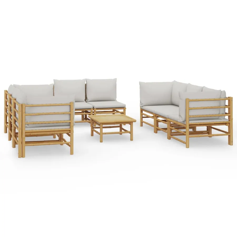 Salon de jardin 9 pcs avec coussins gris clair bambou - 2
