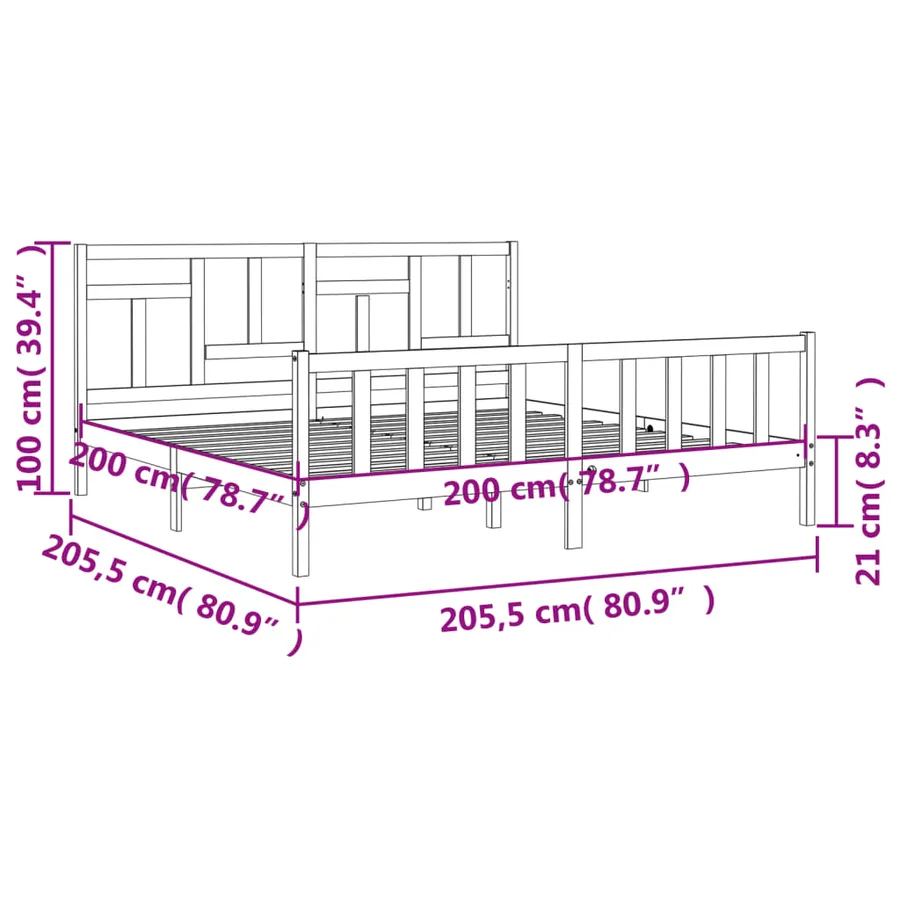 Cadre de lit sans matelas noir 200x200 cm bois massif de pin - 12