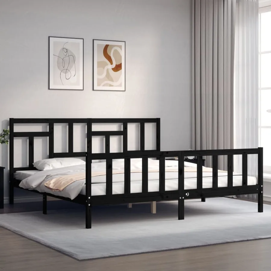 Cadre de lit sans matelas noir 200x200 cm bois massif de pin - 3