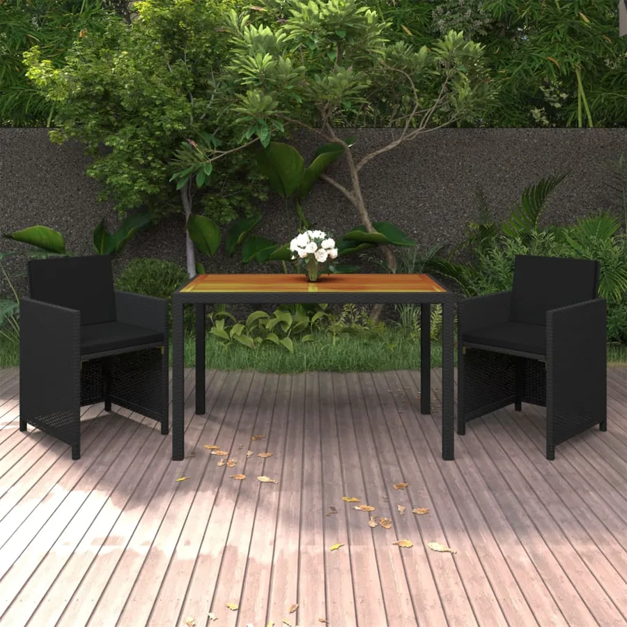 Ensemble à dîner de jardin avec coussins 3 pcs poly rotin noir