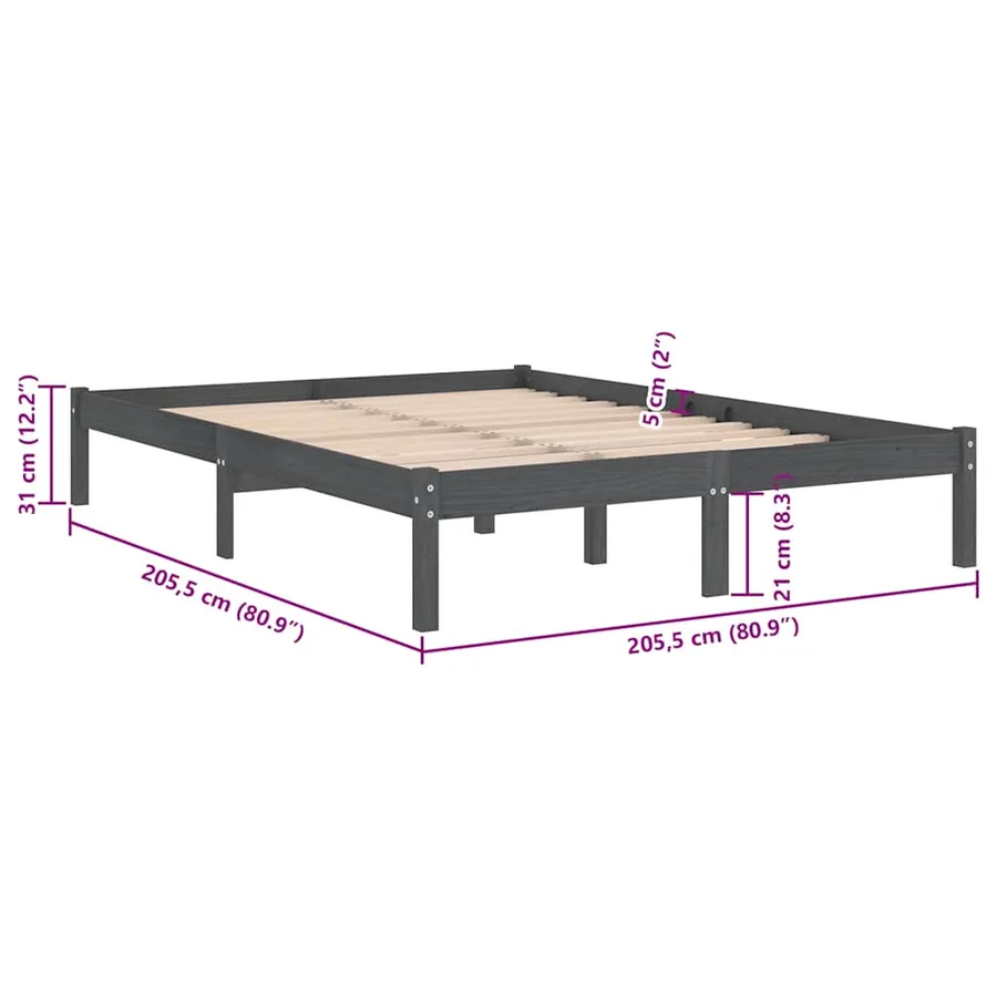 Cadre de lit sans matelas gris bois massif 200x200 cm - 8
