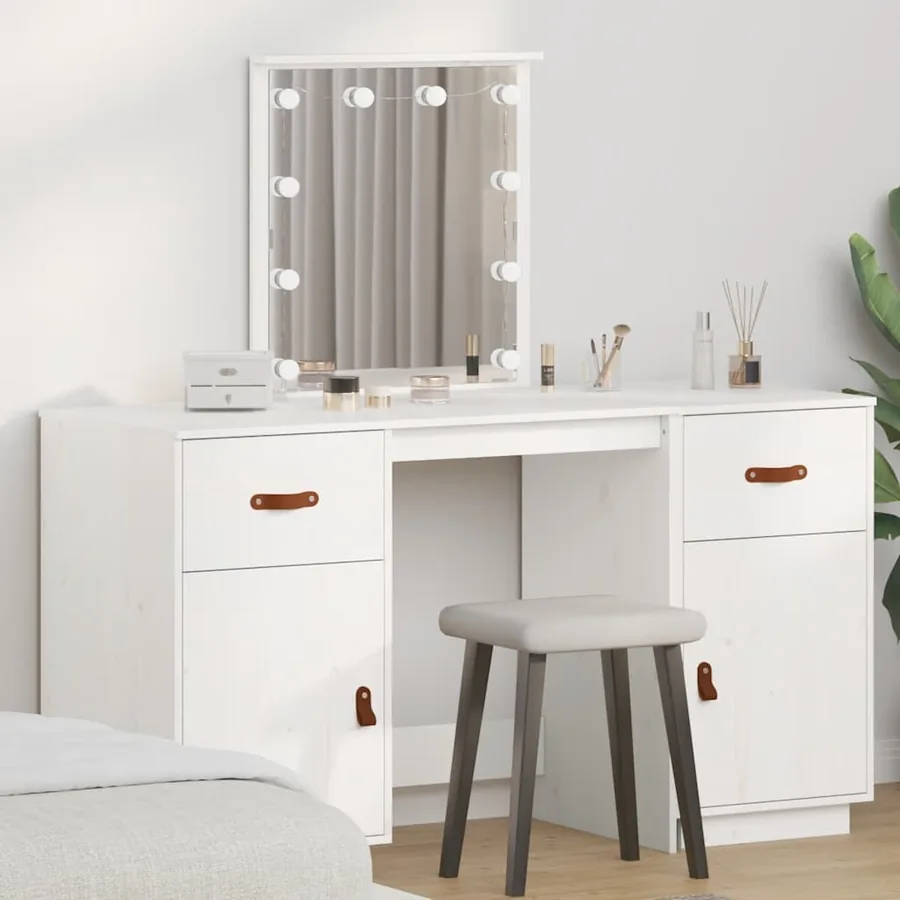 Ensemble de coiffeuse avec LED Blanc Bois de pin solide