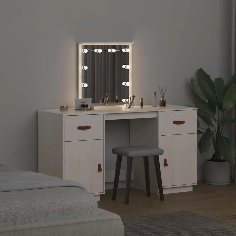 Ensemble de coiffeuse avec LED Blanc Bois de pin solide - 3