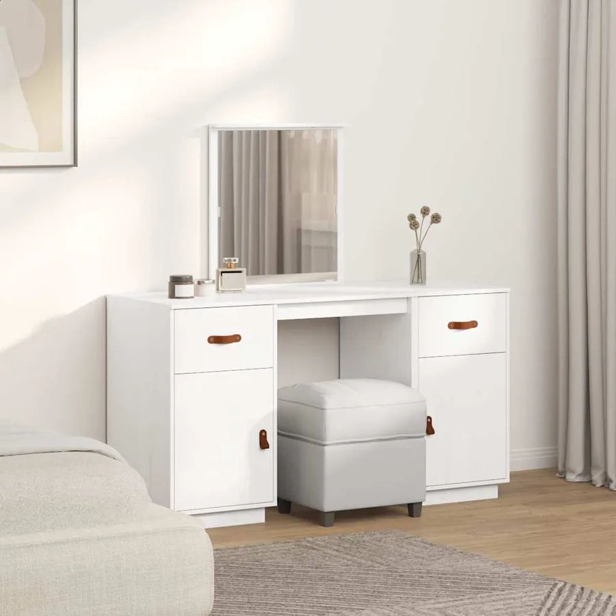 Ensemble de coiffeuse avec miroir Blanc Bois de pin solide - 3