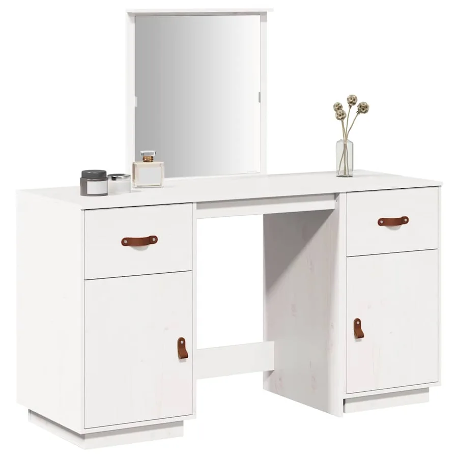 Ensemble de coiffeuse avec miroir Blanc Bois de pin solide - 4