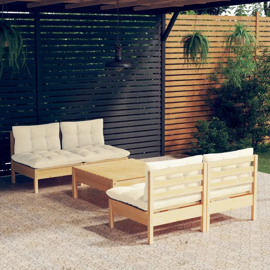 Salon de jardin 5 pcs avec coussins crème bois de pin