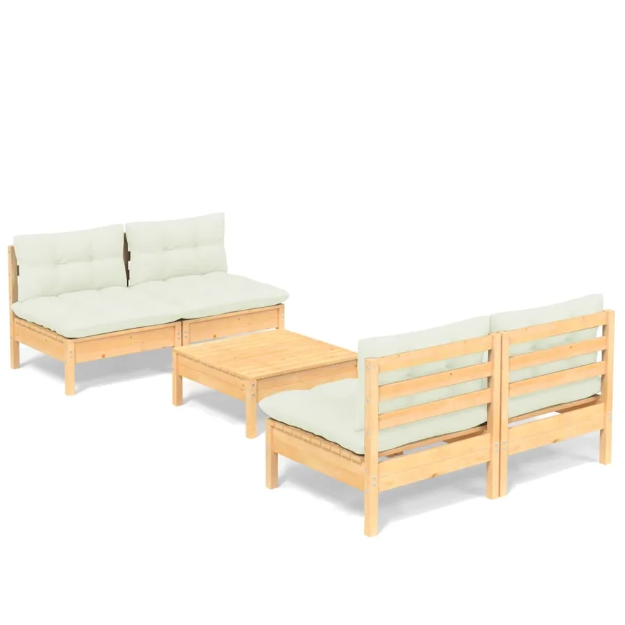 Salon de jardin 5 pcs avec coussins crème bois de pin - 2