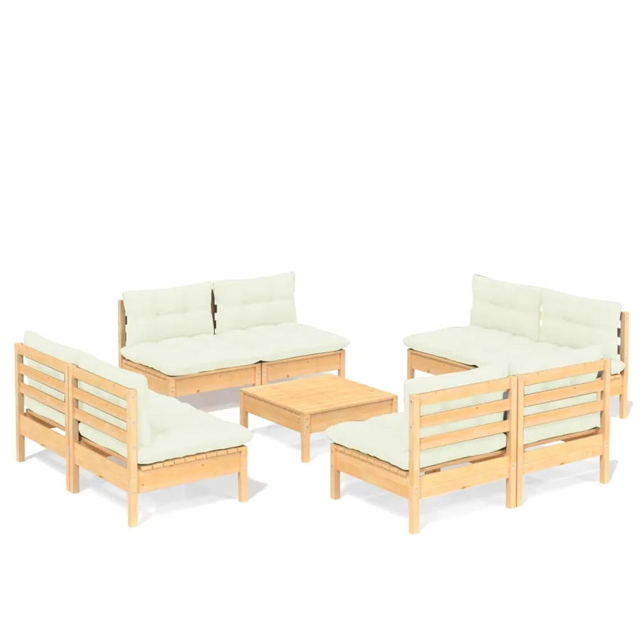 Salon de jardin 9 pcs avec coussins crème bois de pin - 2