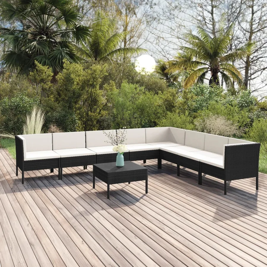 Salon de jardin 9 pcs avec coussins Résine tressée Noir