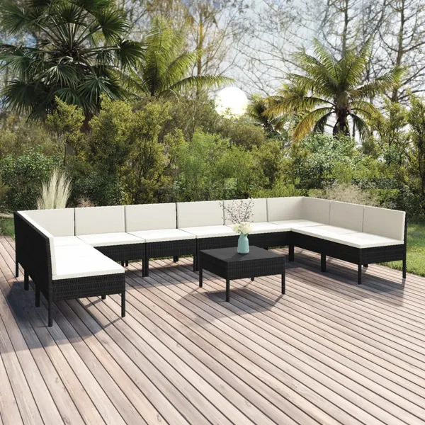 Salon de jardin 11 pcs avec coussins Résine tressée Noir