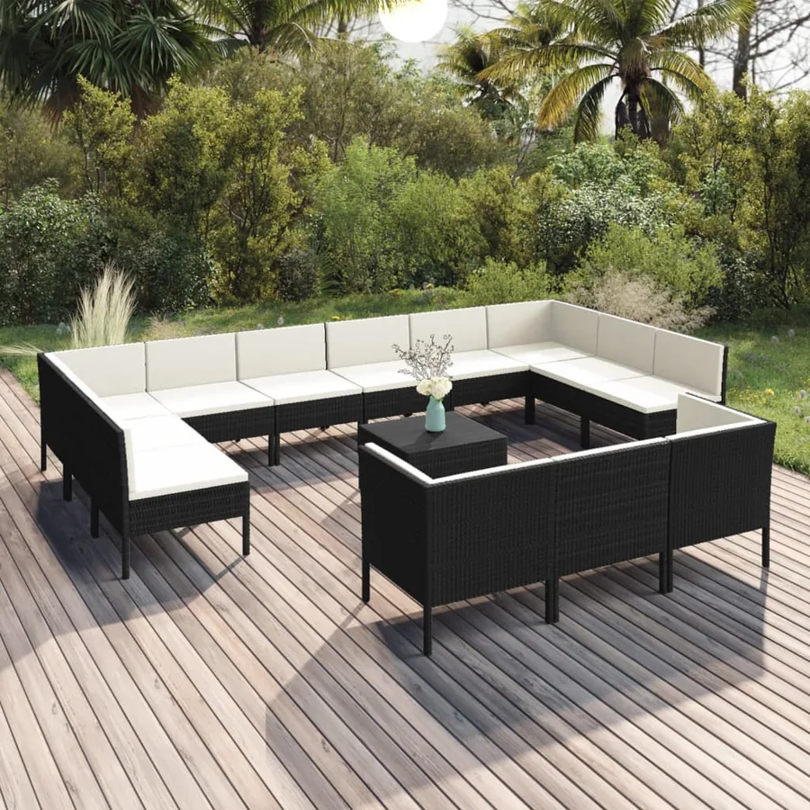 Salon de jardin 14 pcs avec coussins Résine tressée Noir