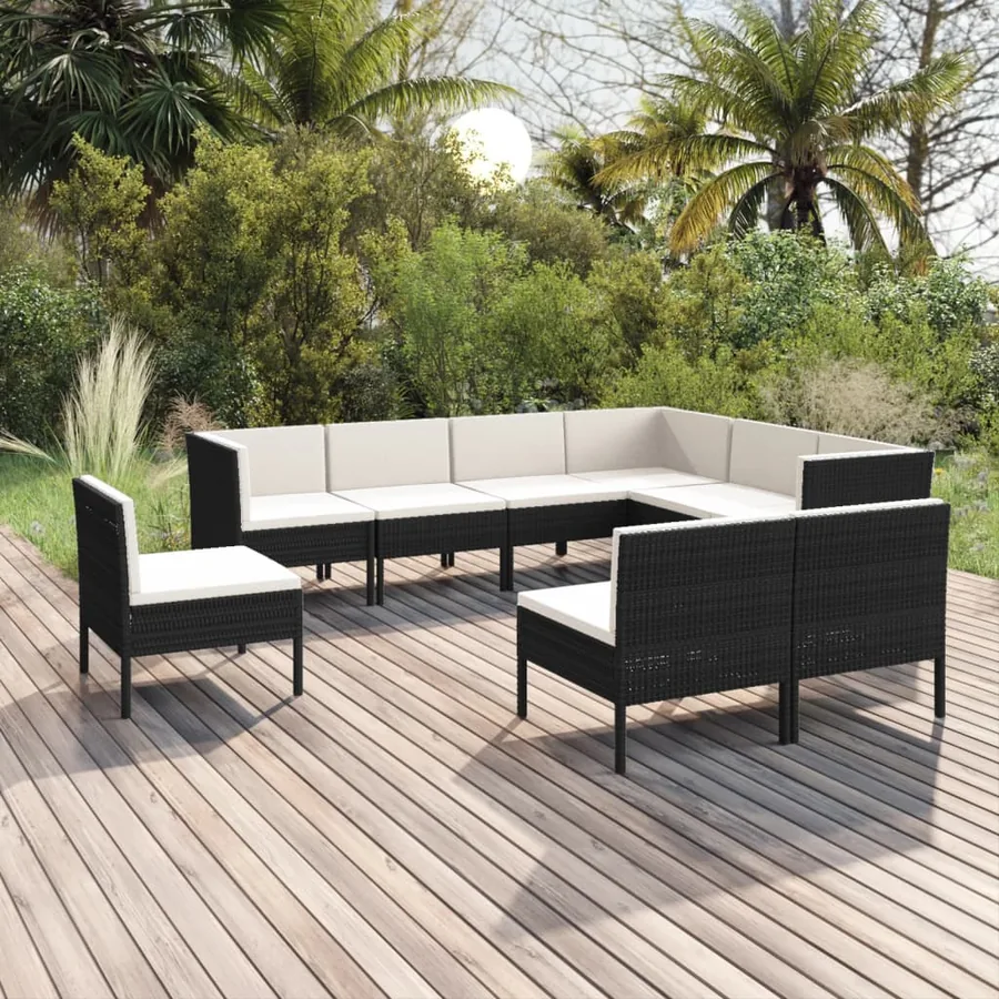 Salon de jardin 9 pcs avec coussins Résine tressée Noir