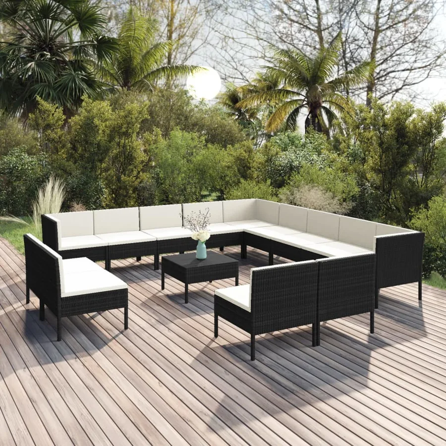 Salon de jardin 14 pcs avec coussins Résine tressée Noir