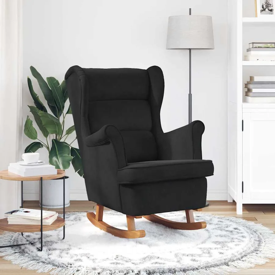 Fauteuil à bascule à oreilles en velours noir bois massif - 3