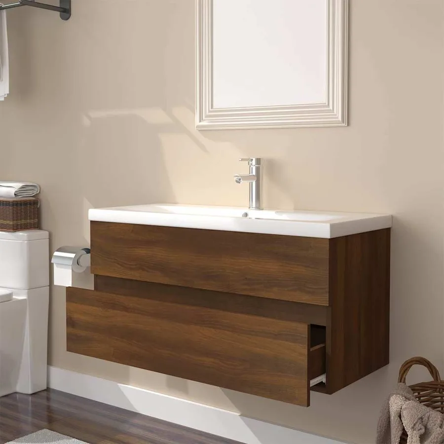 Meuble lavabo avec bassin intégré Chêne brun Bois d'ingénierie - 3
