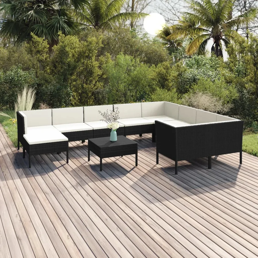 Salon de jardin 11 pcs avec coussins Résine tressée Noir