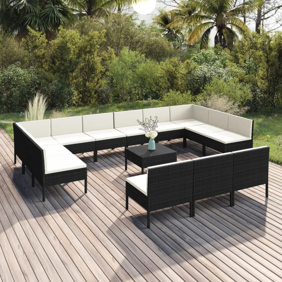 Salon de jardin 14 pcs avec coussins Résine tressée Noir
