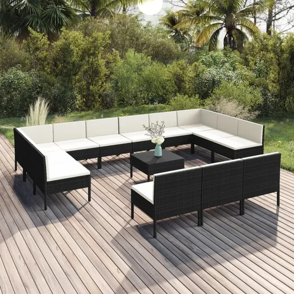 Salon de jardin 14 pcs avec coussins Résine tressée Noir