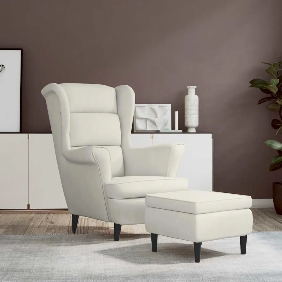 Fauteuil à oreilles avec tabouret crème velours