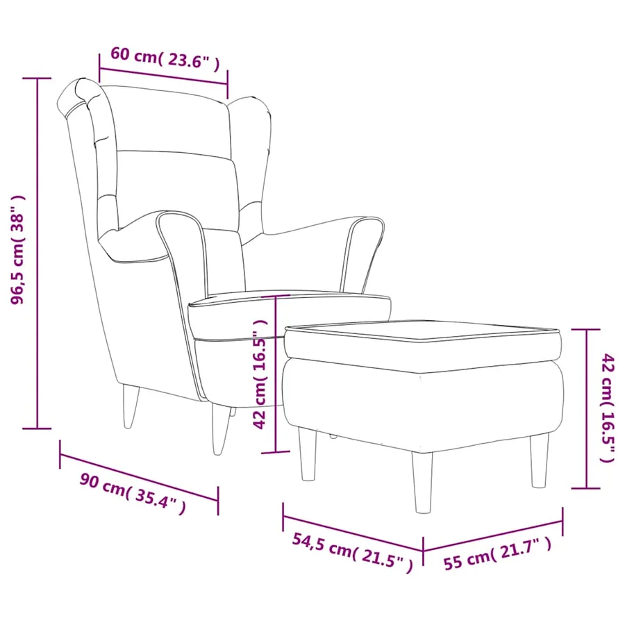 Fauteuil à oreilles avec tabouret crème velours - 11
