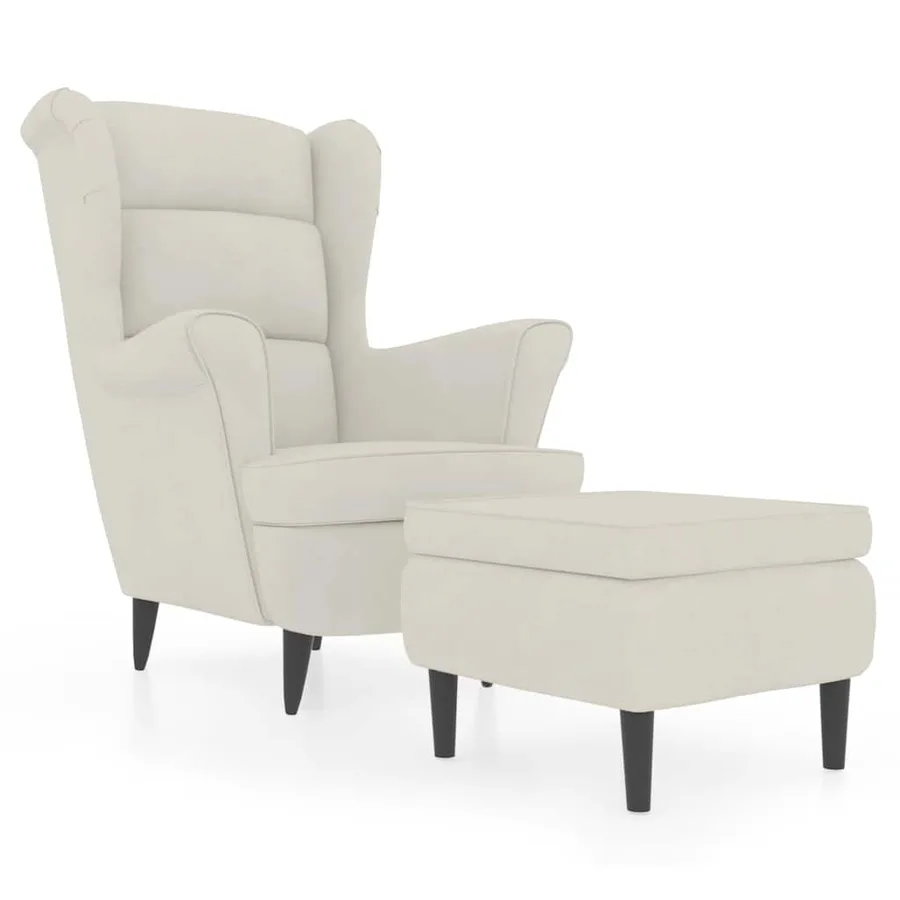Fauteuil à oreilles avec tabouret crème velours - 2